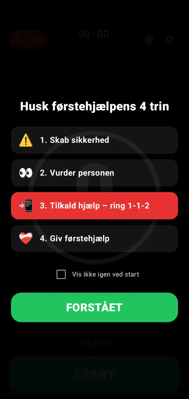 Førstehjælpens fire trin. 112 er markeret rødt, fordi det er det trin, der bliver sprunget over.