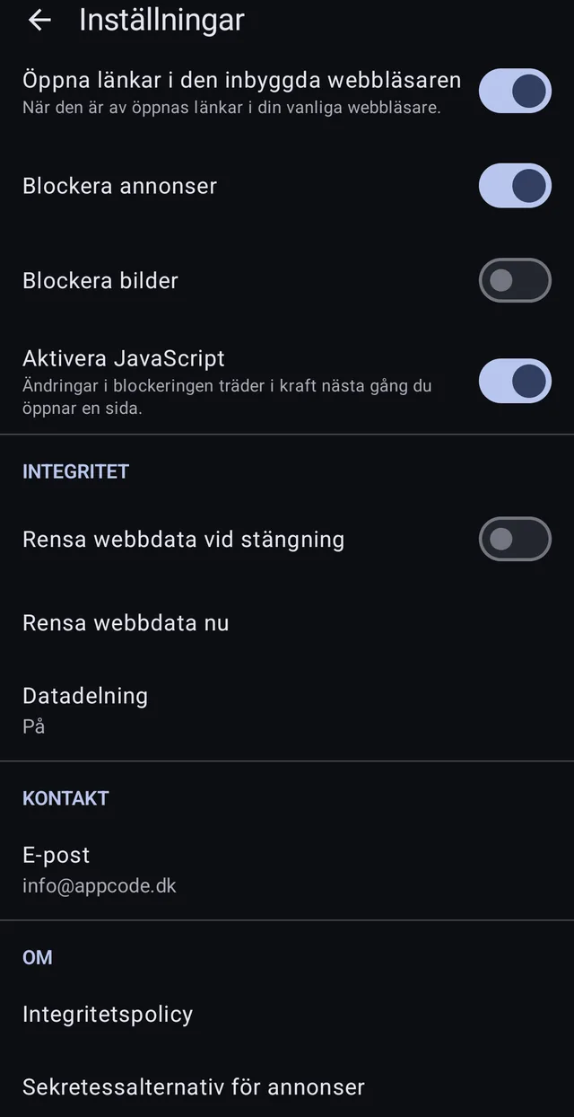 Ryd browserdata ved lukning, ryd nu, og datadeling der kan slås fra.