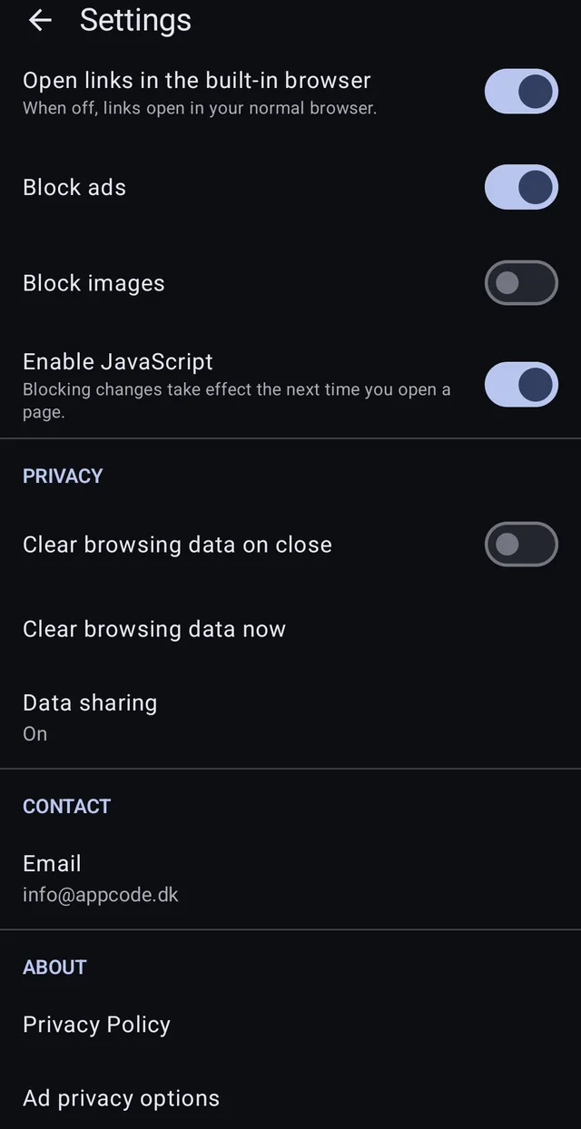 Clear browsing data on close, clear now, and data sharing that can be switched off.