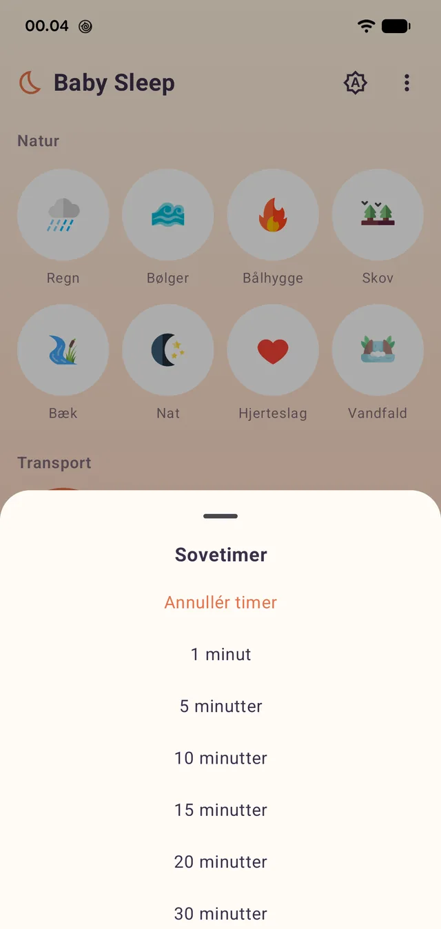 The sleep timer from one minute upwards. The sound fades out; it does not cut.