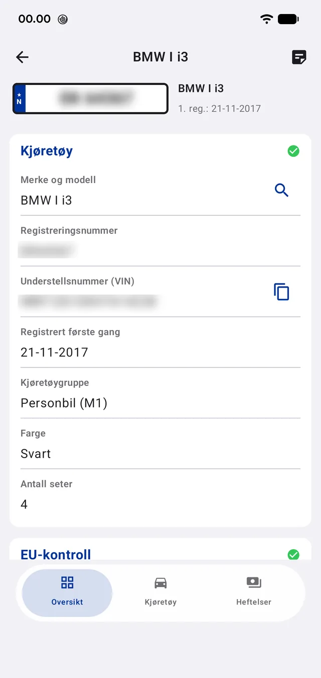 Vehicle data and status marks for registration, roadworthiness test and charges.