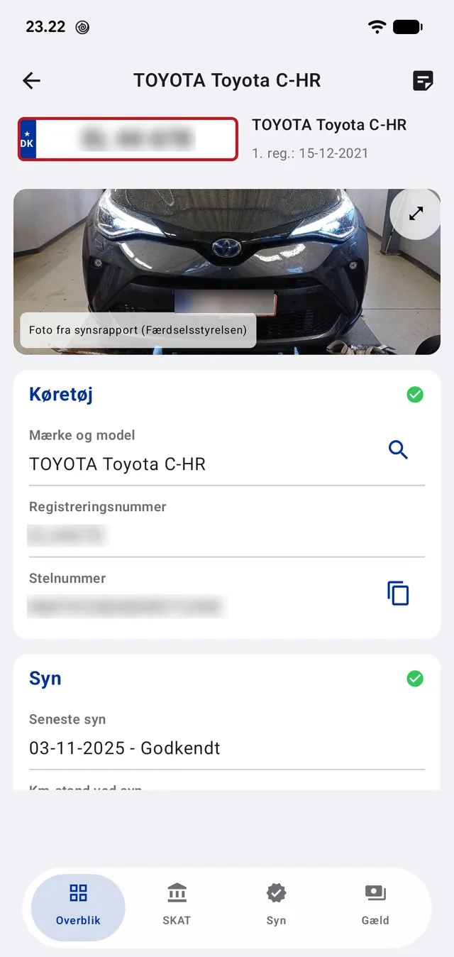 The inspection report photo, vehicle data, and status marks for registration, inspection and debt.