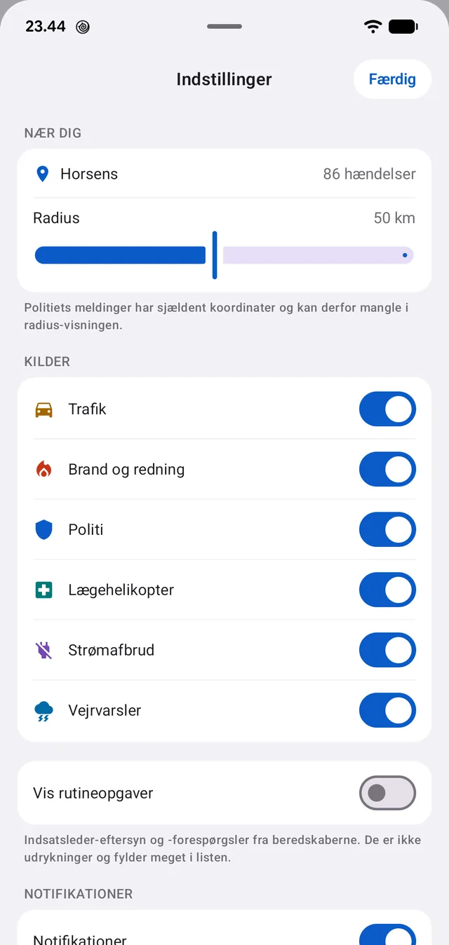 Radius, kilder og rutineopgaver. Tallet ved siden af byen er hændelser inden for radius.