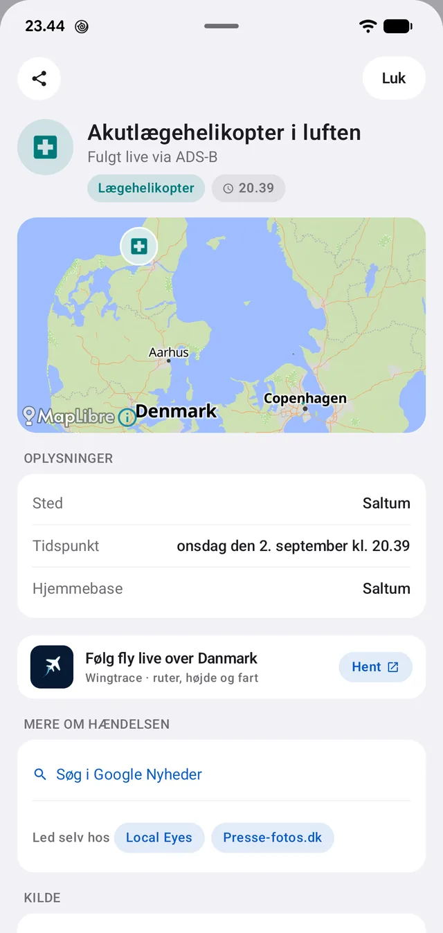 «Fulgt live via ADS-B», med hjemmebase og position.