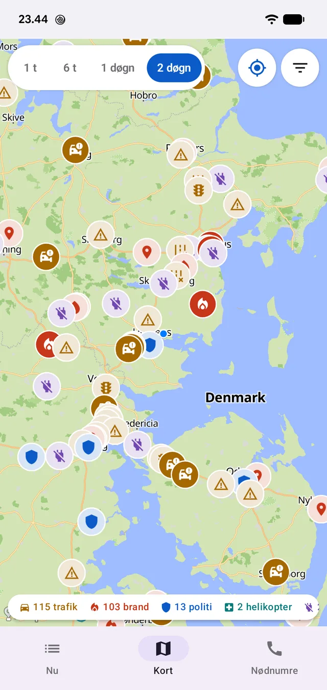 To døgns hændelser på én gang, med optælling pr. kategori nederst.