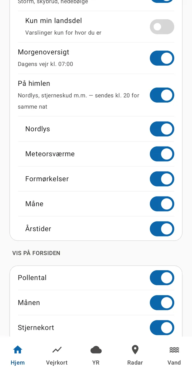 Sky notifications per category, and the list of what may appear on the front page.