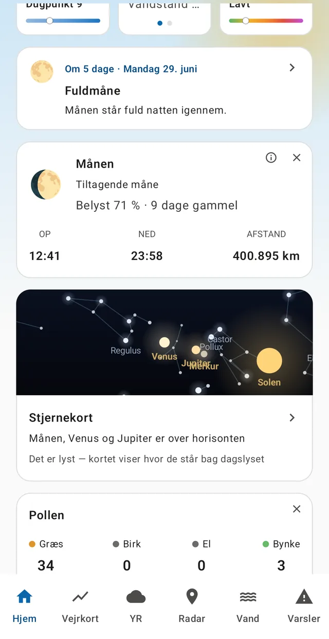 Optional modules: moon, star chart and pollen