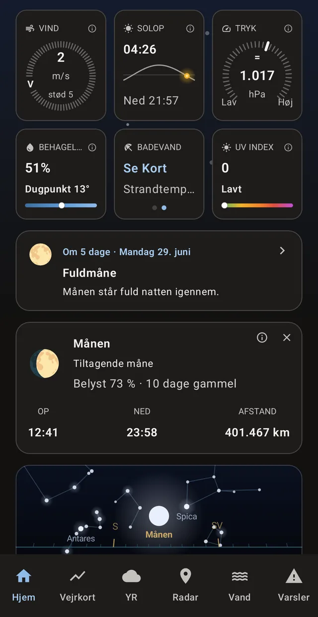 The same front page in dark: key figures, the full moon in five days, and the star chart.