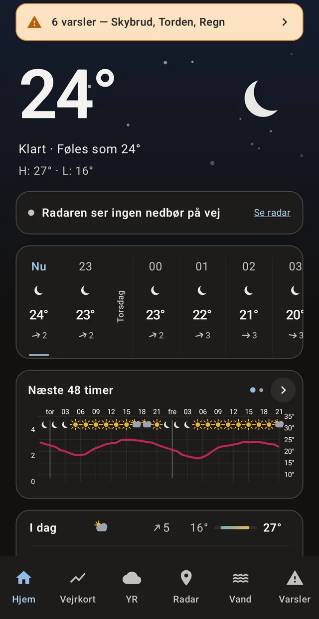 Dark theme. The background follows the weather and the time of day.