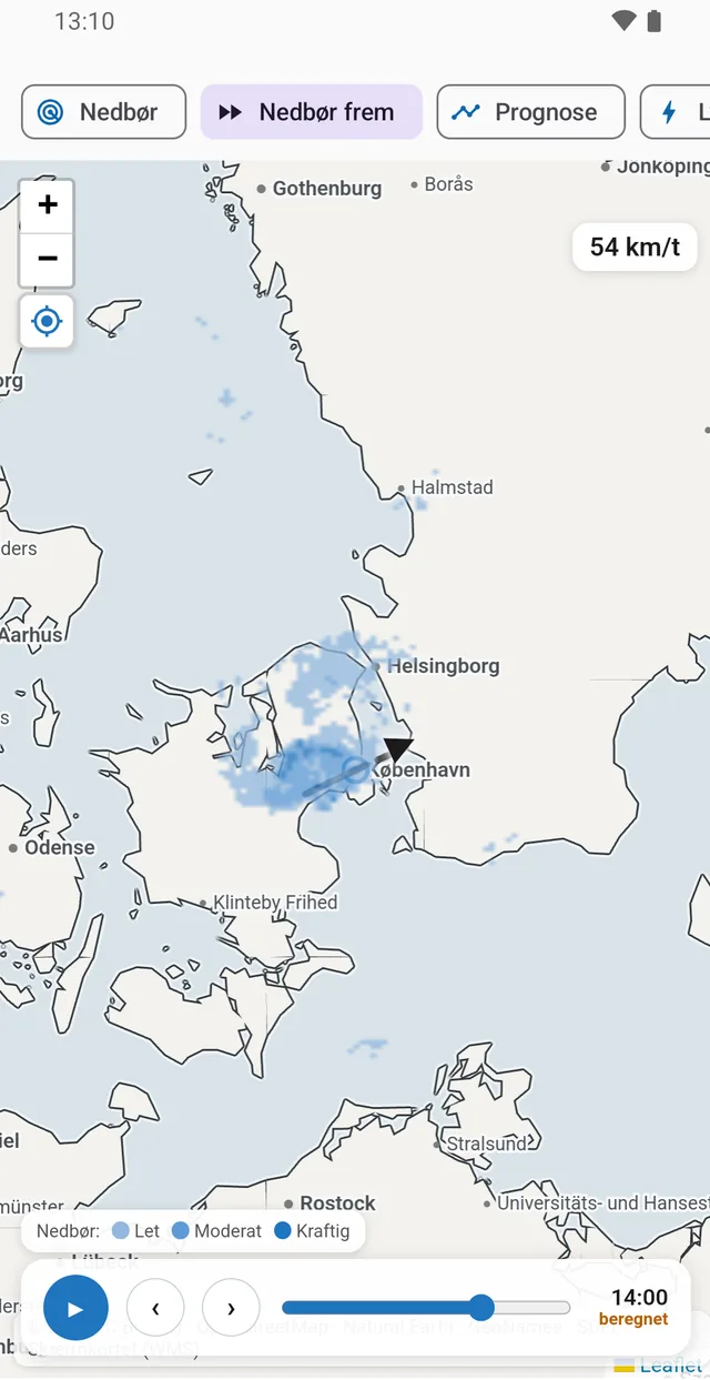 A rain field west of Copenhagen, projected to 14:00. The timeline reads 'calculated', so it is clear the frame was computed and not measured.
