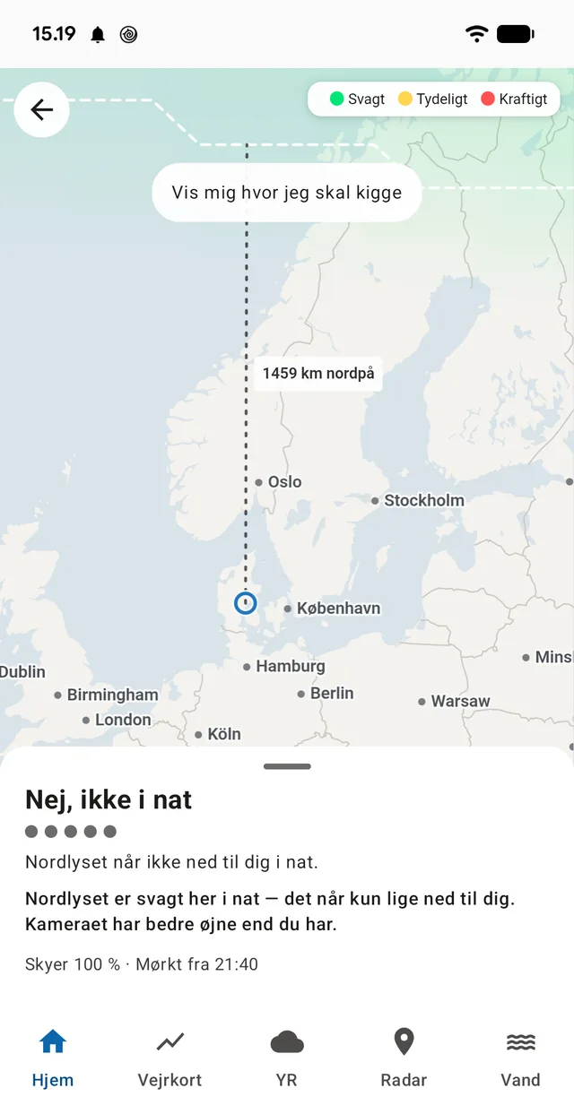 The boundary line with the distance north, and the answer in plain words: 'No, not tonight' — with the reason below.