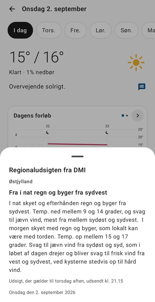 The regional outlook for East Jutland, written by a meteorologist and fetched straight from DMI.