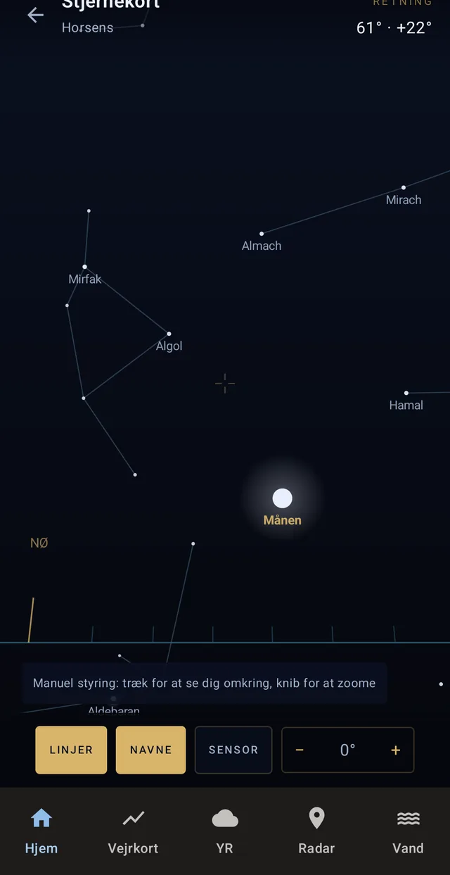 Full-screen star chart: the Moon, Perseus and Andromeda over the town, with the horizon and compass points drawn in. Computed locally from date and position.