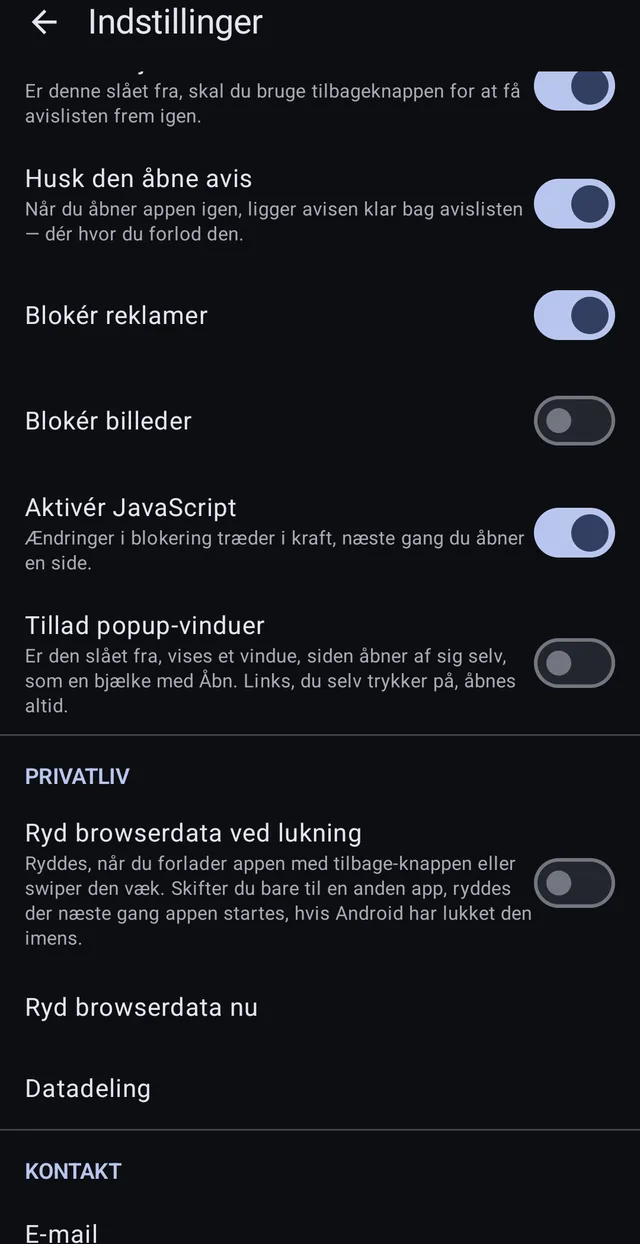 Clear browsing data on close, clear now, and data sharing that can be switched off.
