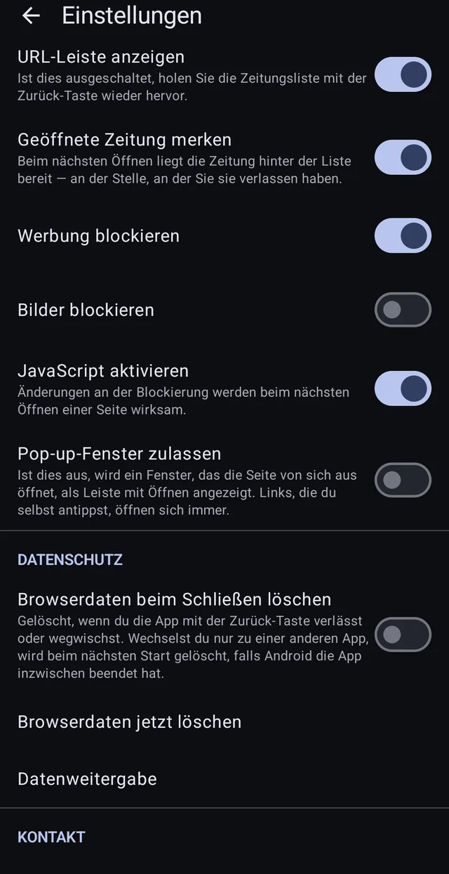 Clear browsing data on close, clear now, and data sharing that can be switched off.
