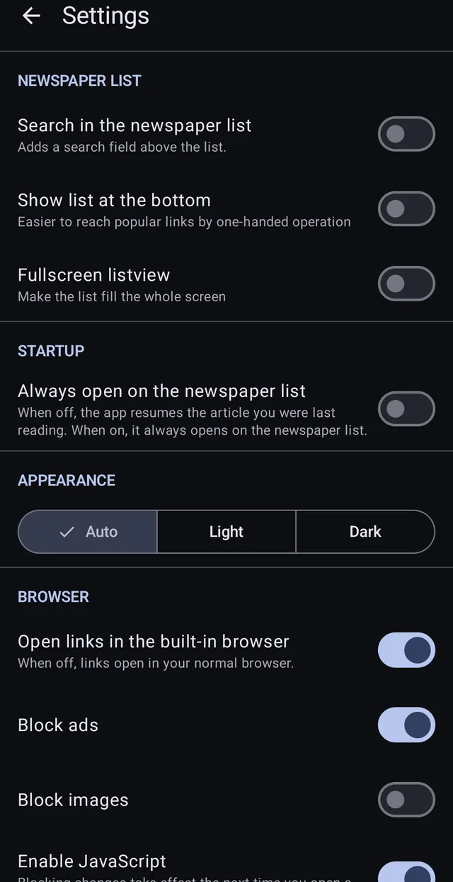 The paper list, the look, and the browser's own switches.