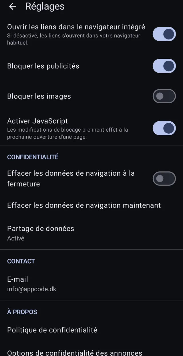 Clear browsing data on close, clear now, and data sharing that can be switched off.