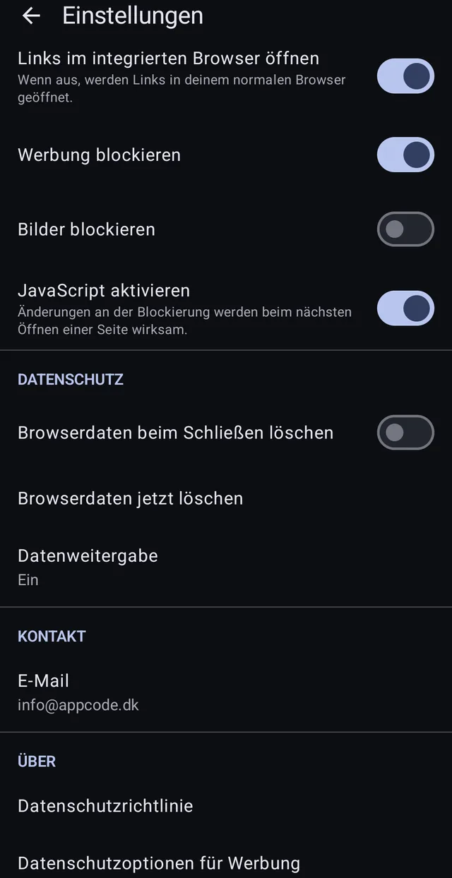 Clear browsing data on close, clear now, and data sharing that can be switched off.