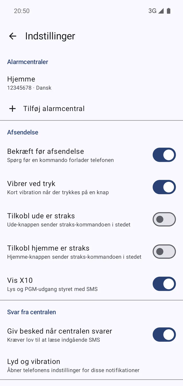 Centraler, afsendelse og svar. Bekræft før afsendelse er slået til her.
