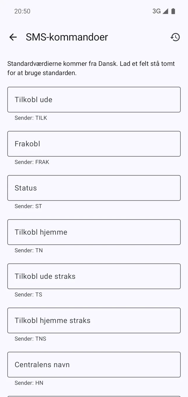 Kommandoerne pr. central. Feltet under hver viser, hvad der faktisk sendes.