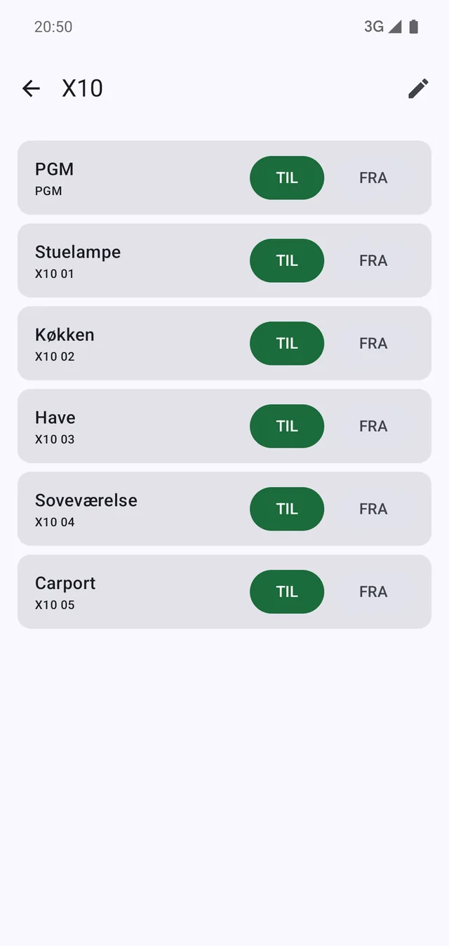 PGM og X10-enhederne med egne navne. Kun de valgte vises.