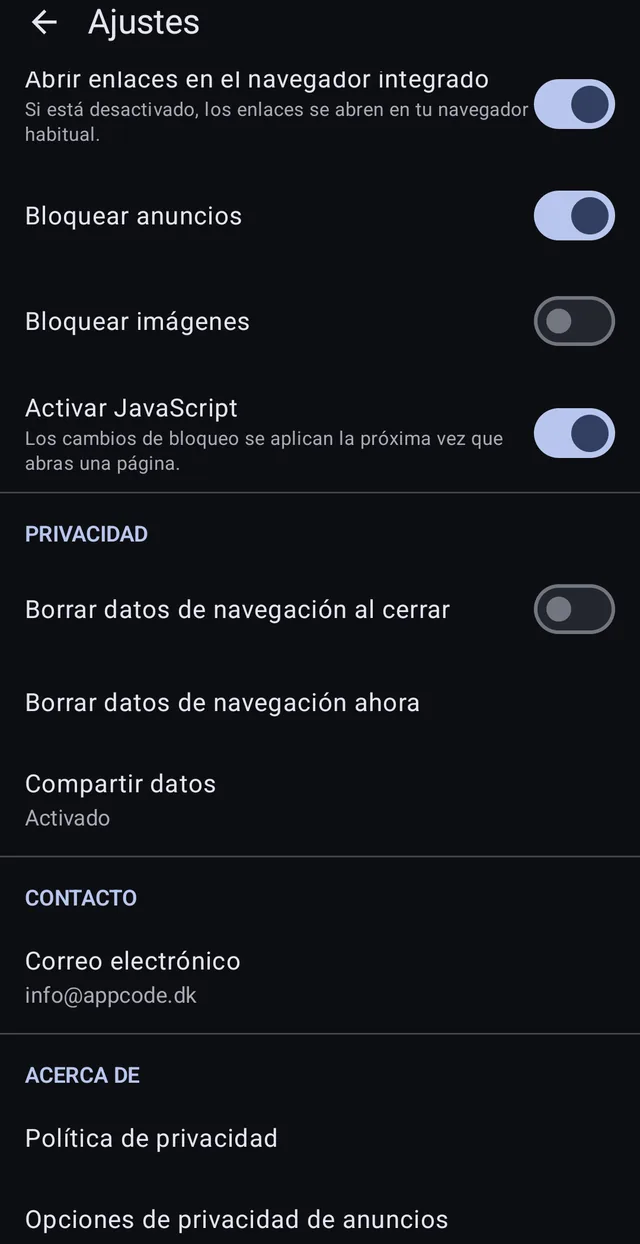 Clear browsing data on close, clear now, and data sharing that can be switched off.