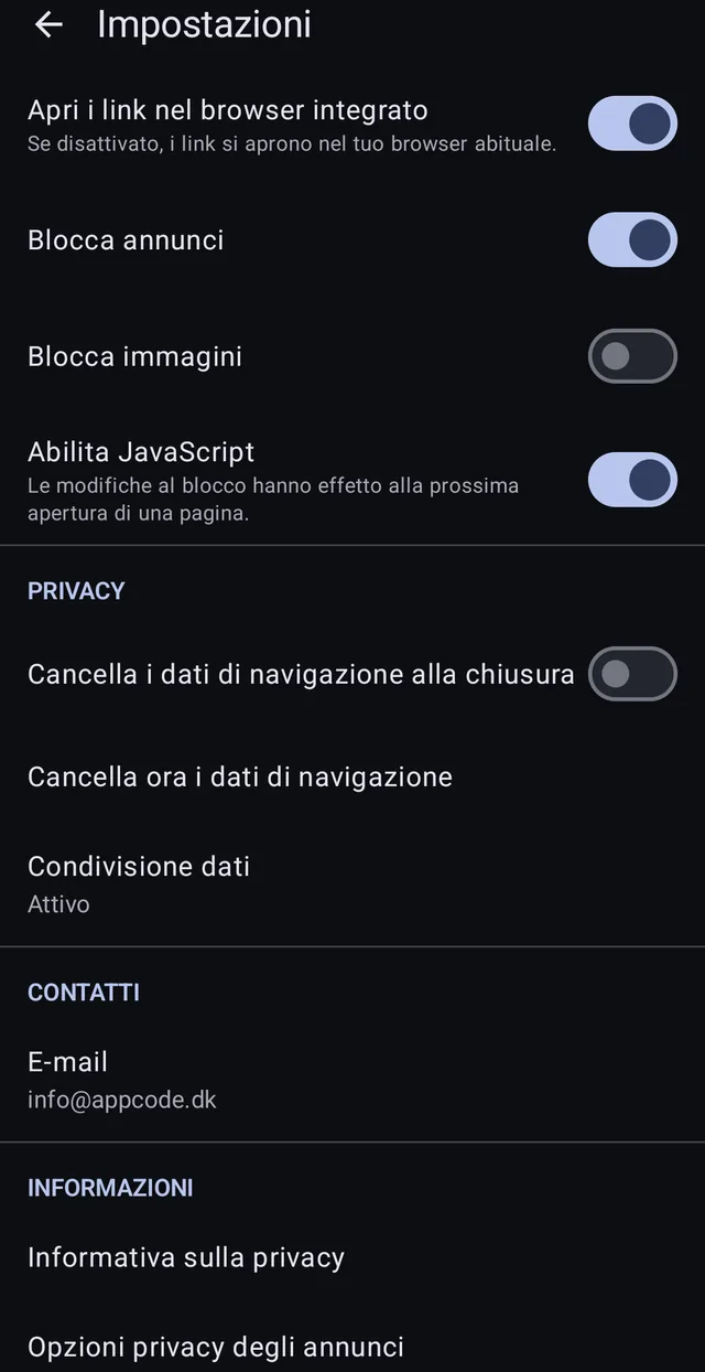 Clear browsing data on close, clear now, and data sharing that can be switched off.