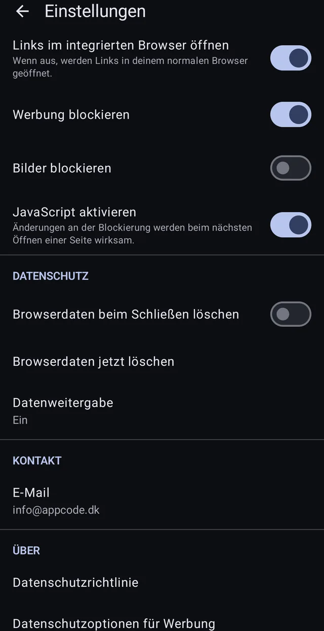 Clear browsing data on close, clear now, and data sharing that can be switched off.