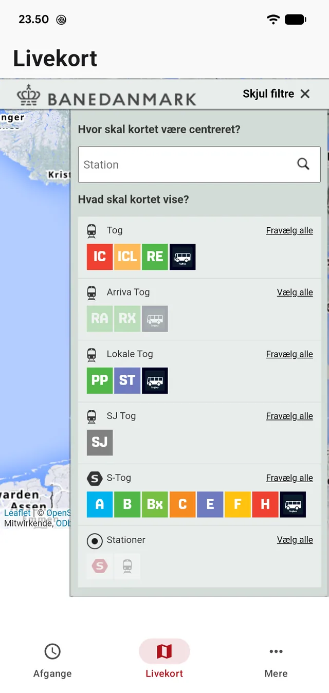 The filters: choose operator and train type, and centre the map on a station.