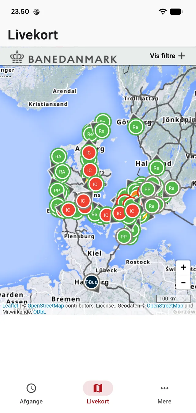 Banedanmark's live map with the trains as dots, labelled by line.
