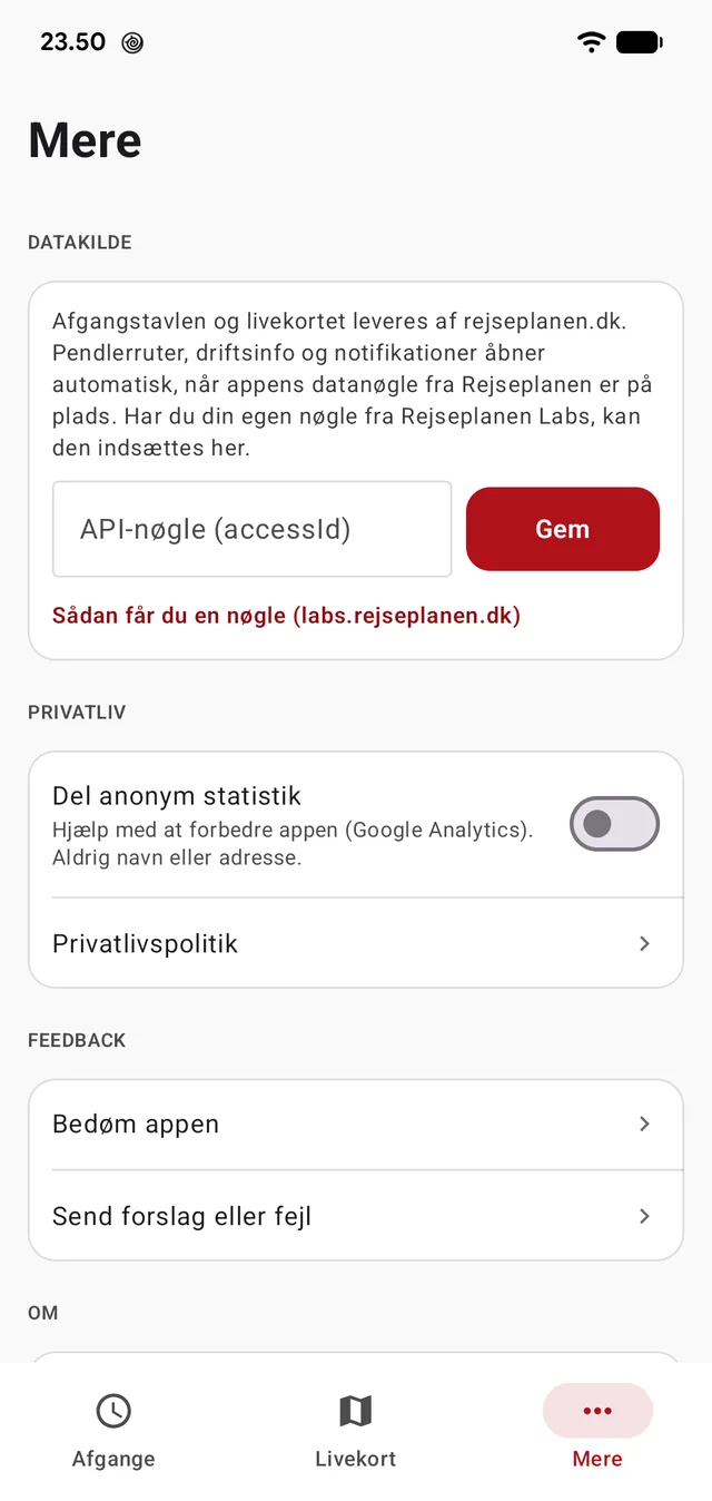 The data source explained openly — and the field for your own key from Rejseplanen Labs.