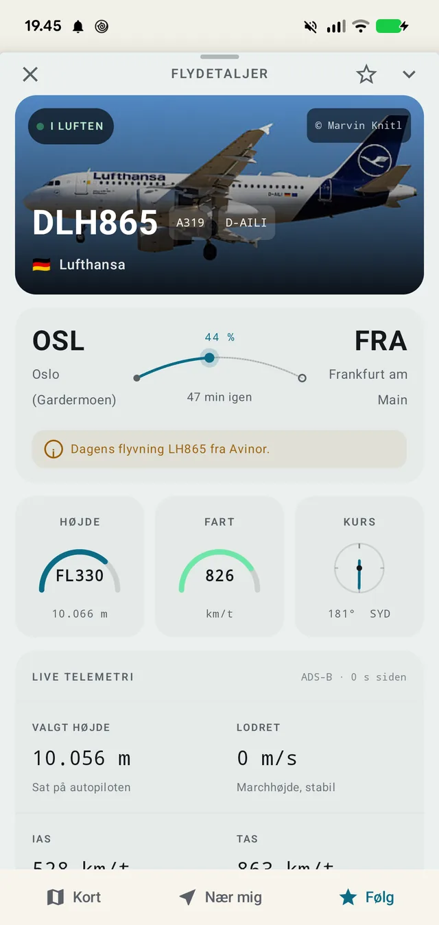 DLH865 fra Oslo mod Frankfurt: 44 % fløjet, 47 minutter igen, og telemetrien nedenunder.