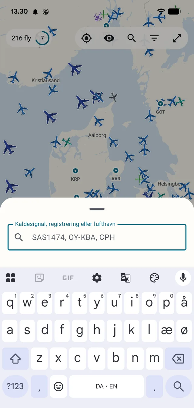 Søg på kaldesignal, registrering eller lufthavn.